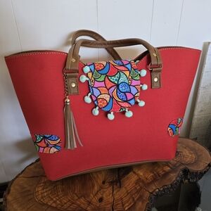 Vibrant Red Canvas Tote Bag with Colorful Accents, Made In Mexico,
